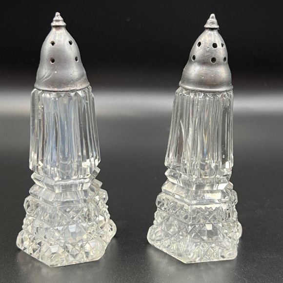 Cut Glass Salt & Pepper Shaker Pewter Toppers - Picture 1 of 14
